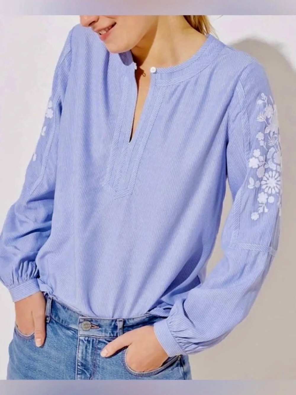 LOFT Blue & White Striped Tunic Top Embroidered Sleeve Split Neck Band Collar